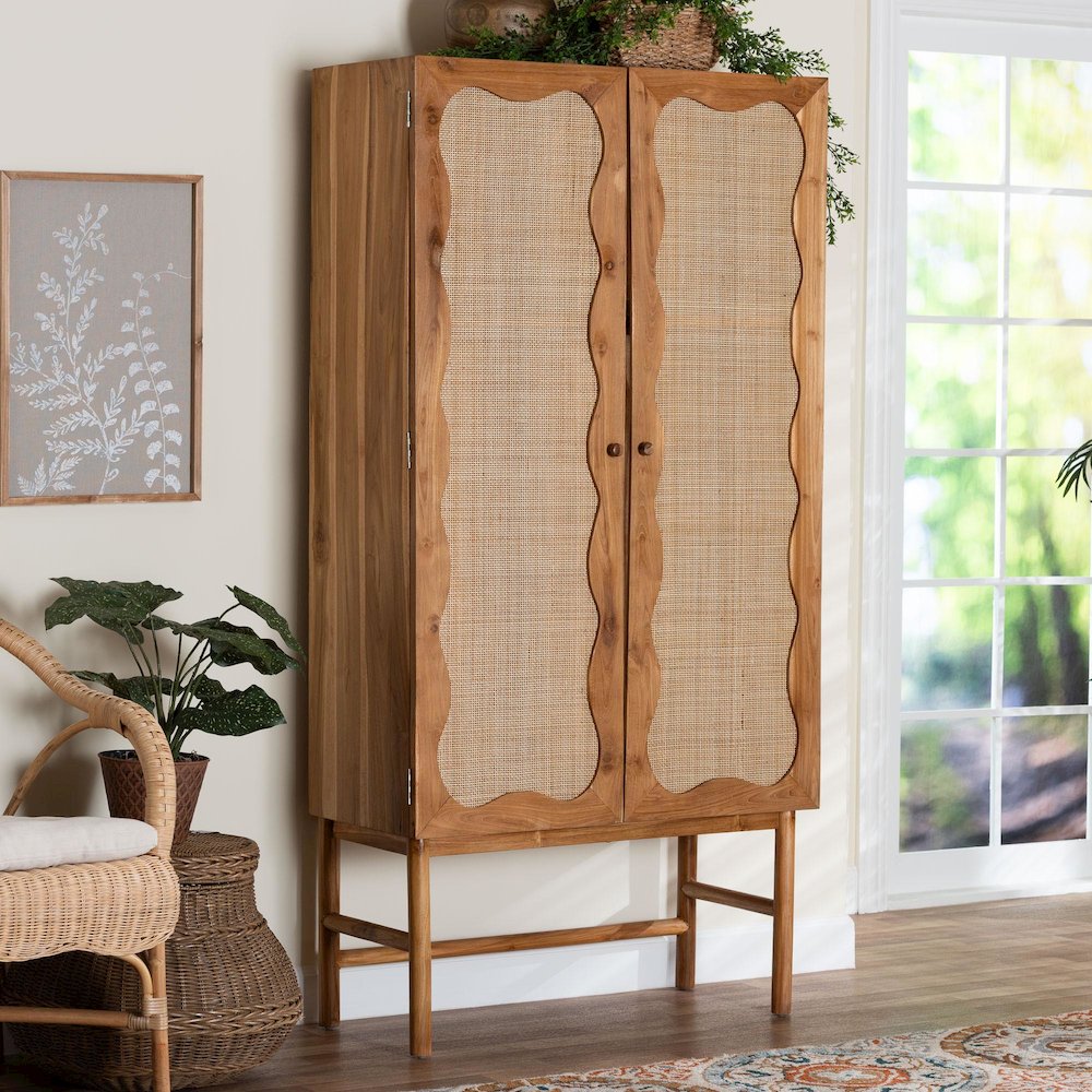 Augusto Teak Wood Cabinet - 2-Door Storage Organizer with Woven Rattan