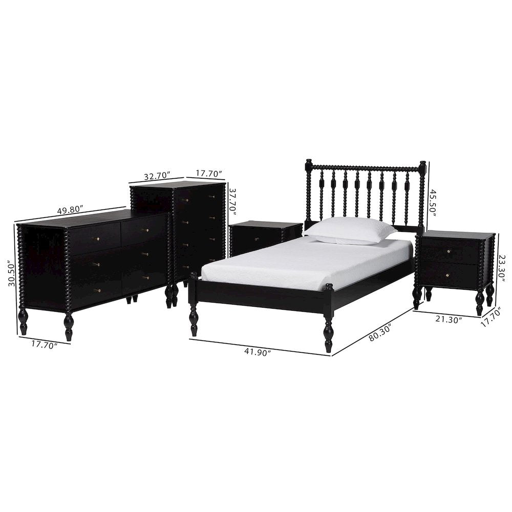 5-Piece Bedroom Set, Platform Bed with Dresser, Chest, Nightstands, Black, Twin