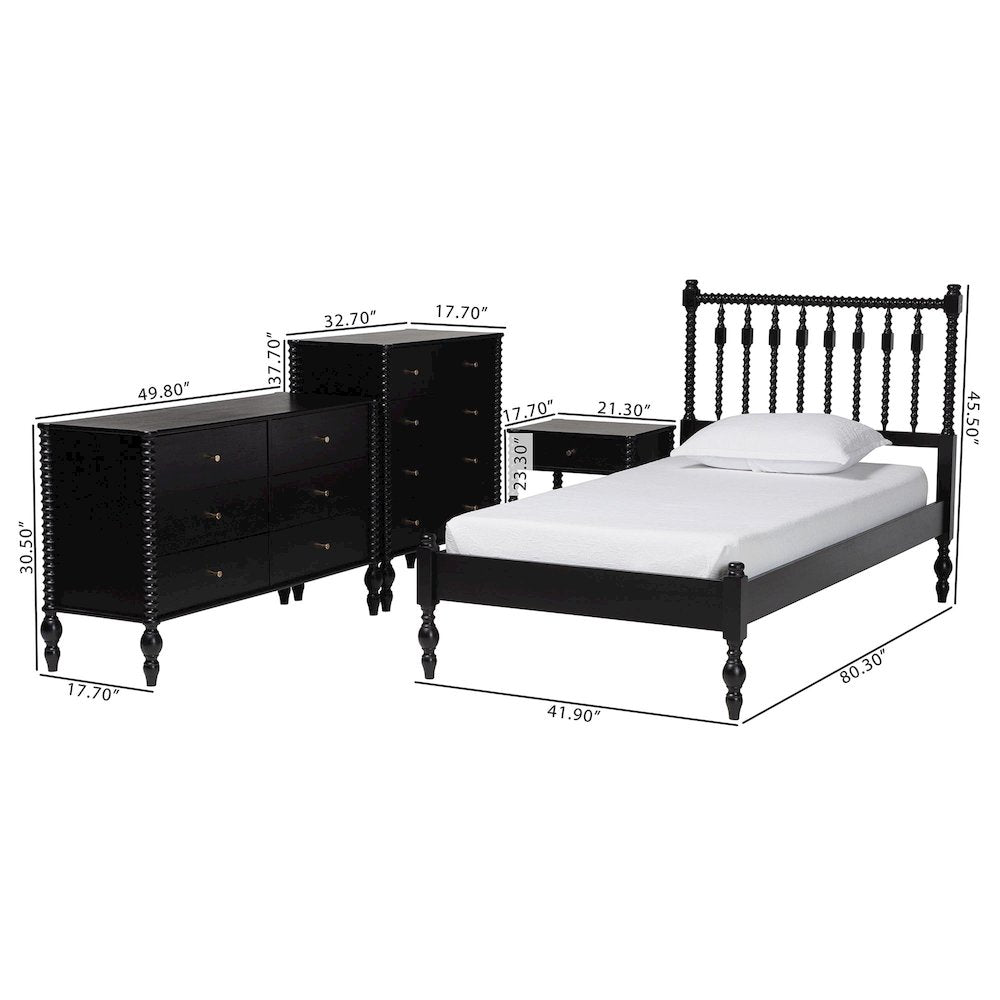 4-Piece Bedroom Set - Platform Bed with Dresser, Chest, Nightstand, Black, Twin