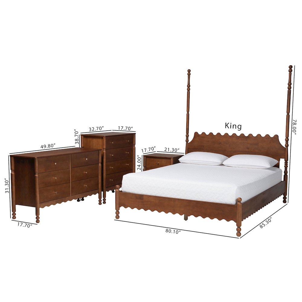 4-Piece Bedroom Set, Bed Frame, Dresser, Chest, Nightstand, Walnut Brown, Queen
