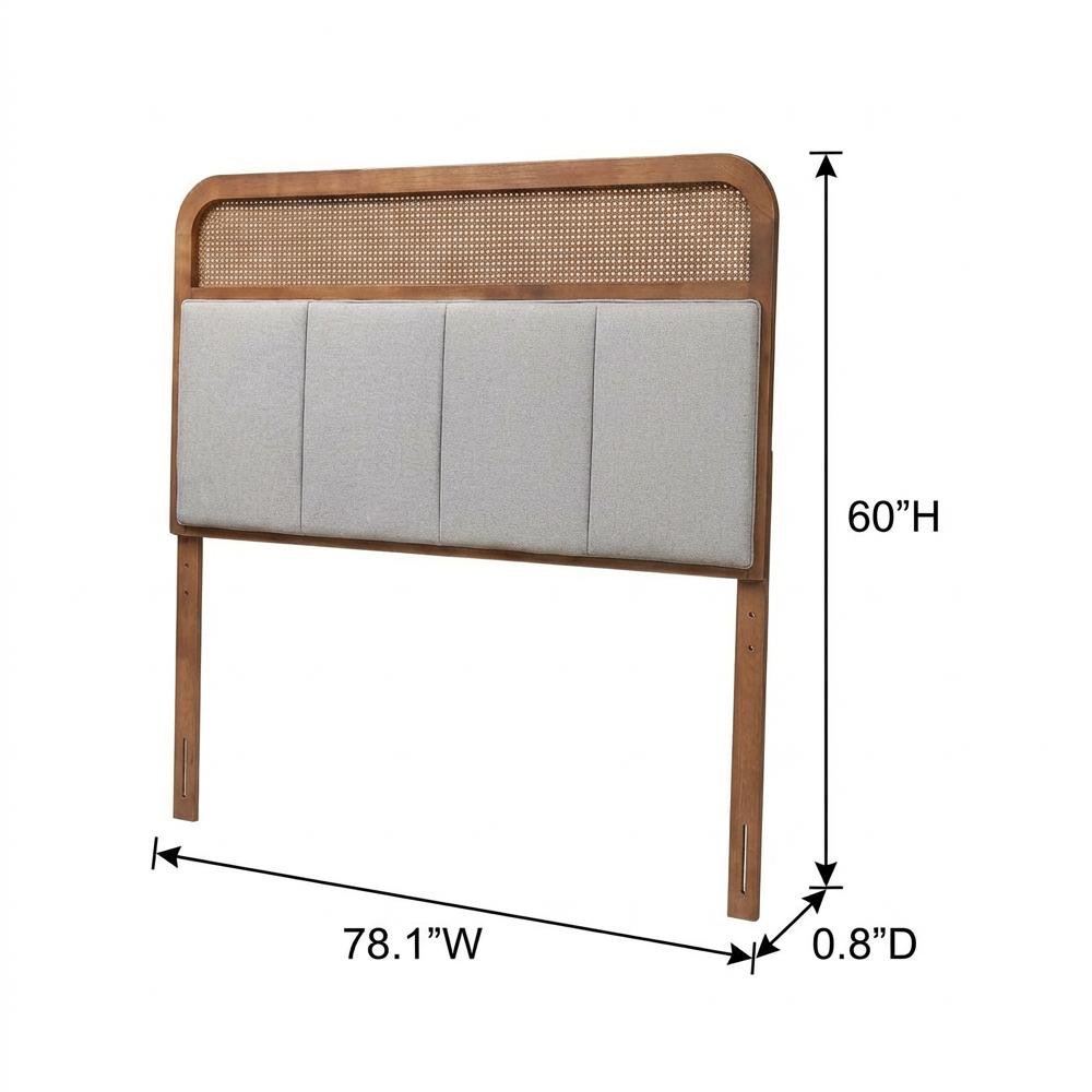 Light Grey Fabric King Size Headboard with Rubber Wood Frame and Rattan Accents