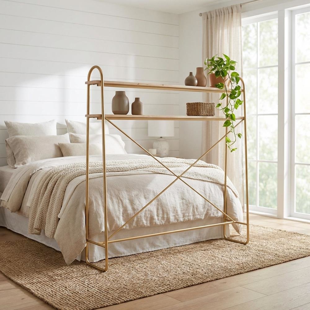 Wooden Over Bed Storage Shelf in Brown with Elegant Design