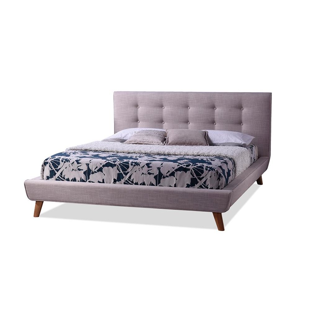 Mid-century Beige Fabric Upholstered Queen Size Platform Bed