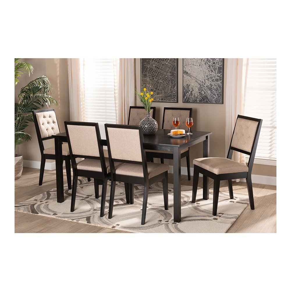 Sand Fabric Upholstered and Dark Brown Finished Wood 7-Piece Dining Set