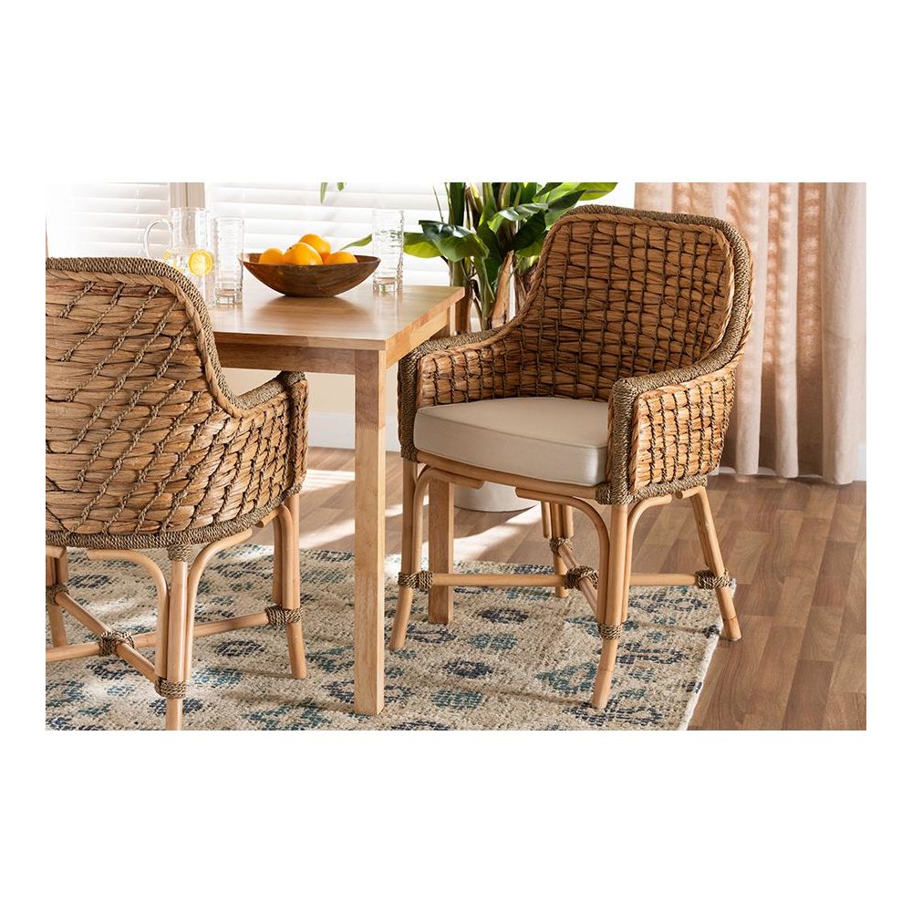 Bohemian Natural Brown Woven Rattan Dining Arm Chair with Cushion
