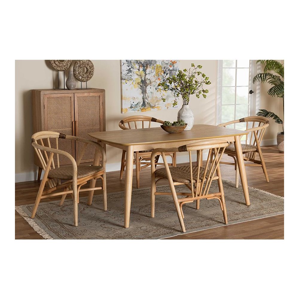 Kyoto Modern Bohemian Natural Brown Finished Wood and Rattan 5-Piece Dining Set