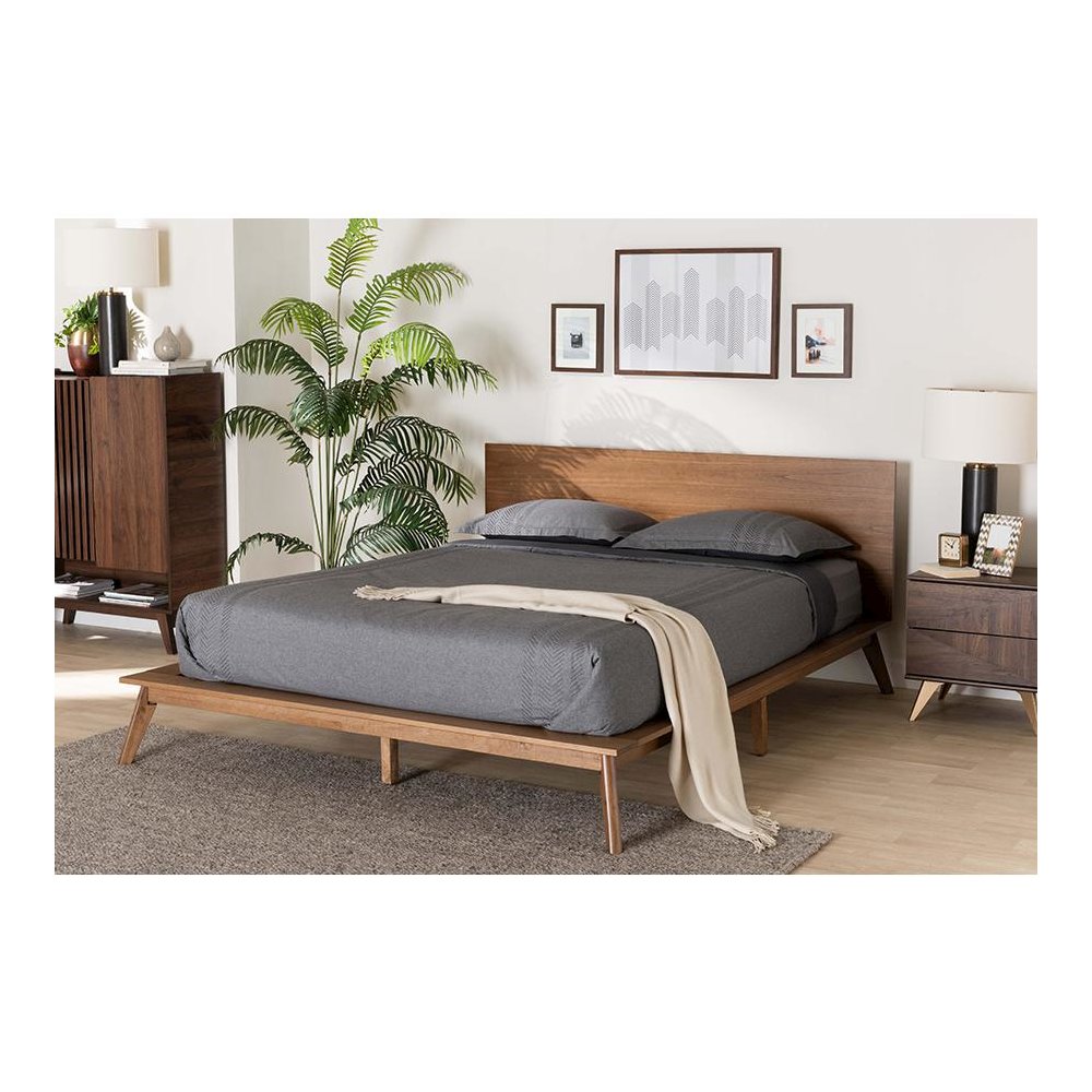 Wheatley Mid-Century Modern Walnut Brown Finished Wood Queen Size Platform Bed