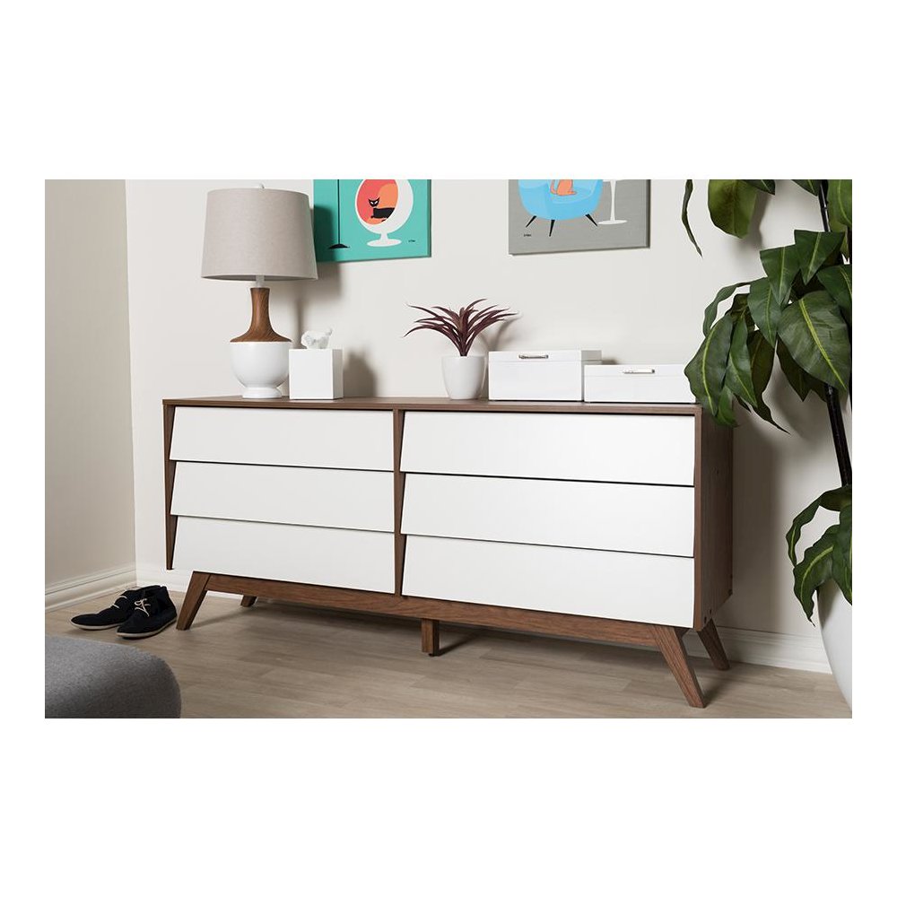 Hildon Mid-Century Modern White and Walnut Wood 6-Drawer Storage Dresser