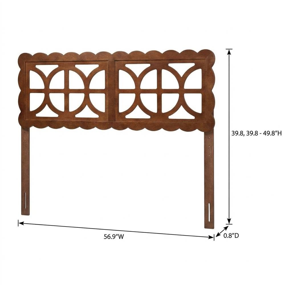 Wood Full Headboard Walnut Brown, Scalloped Frame, Geometric Cutout Panel