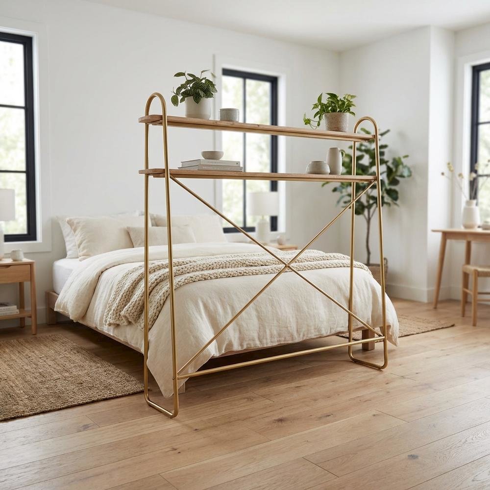 Wooden Over Bed Storage Shelf in Brown with Elegant Design