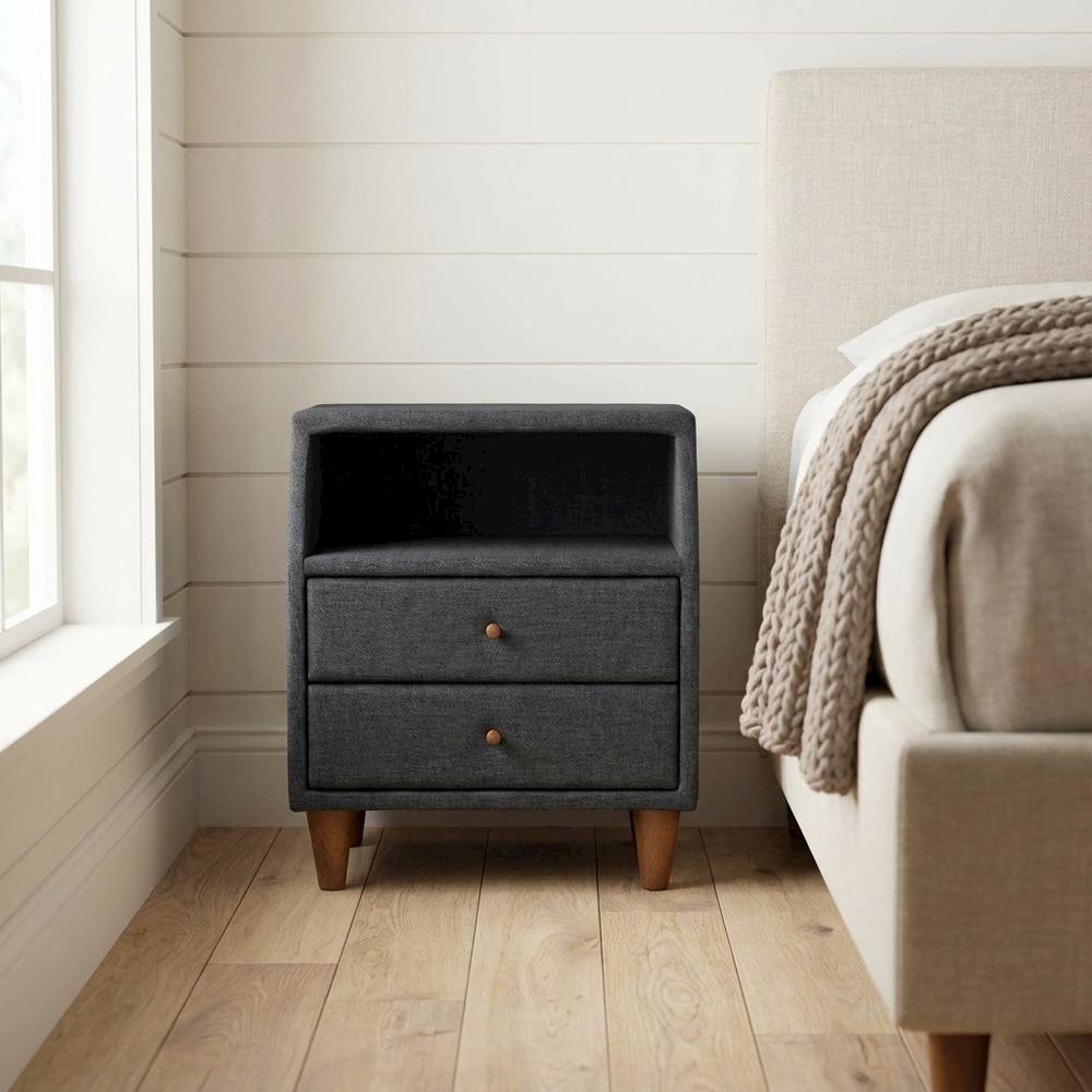 Mid-Century Modern Charcoal Fabric Nightstand with Wood Frame and Storage