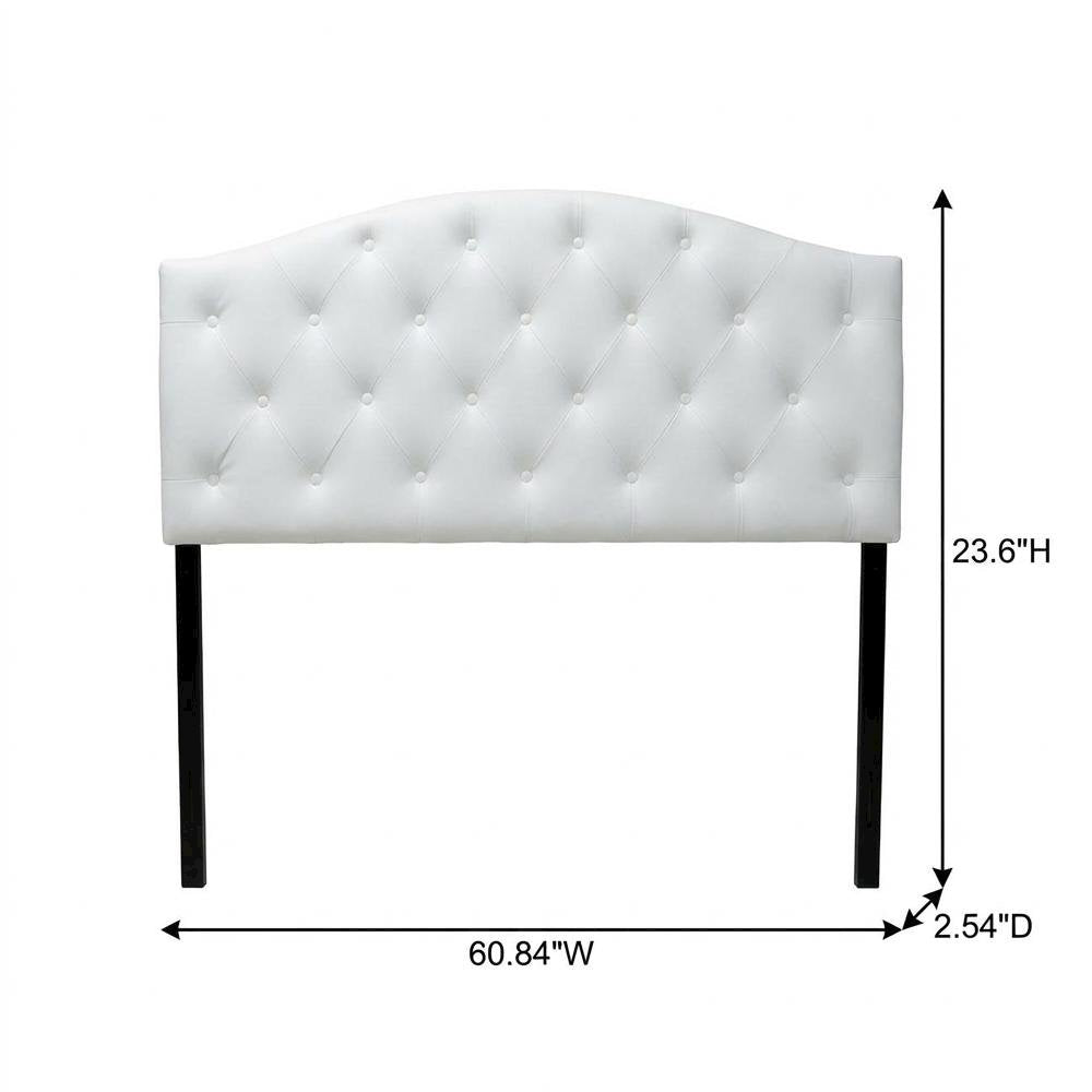 White Faux Leather Queen Headboard, Button-Tufted, Scalloped Design Hardwood