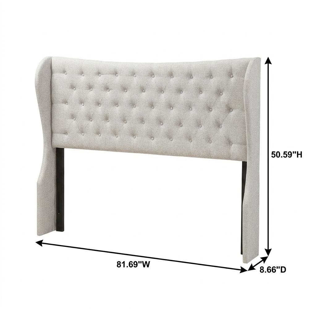 Greyish Beige Fabric Button-Tufted Winged Headboard with Cushioned Foam Padding