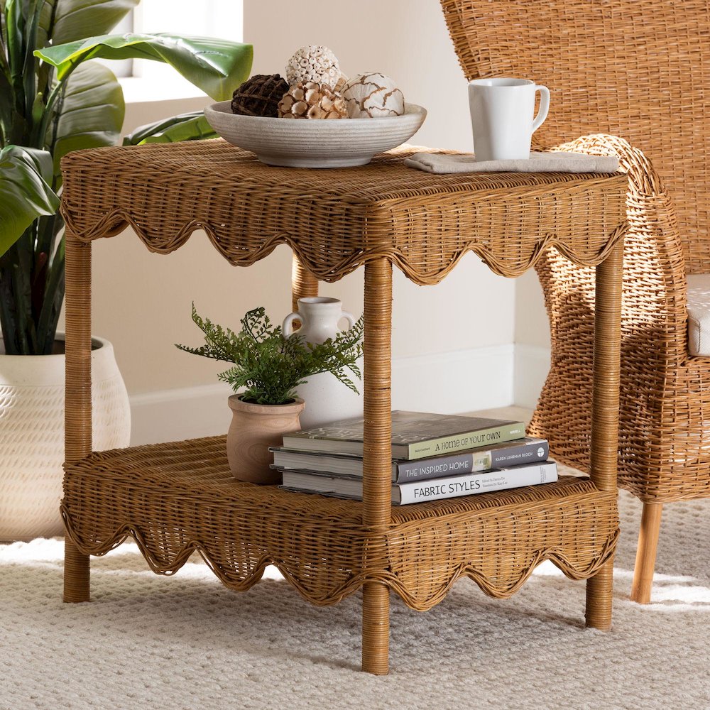 Oteria Bohemian Light Honey Scalloped Rattan Side Table