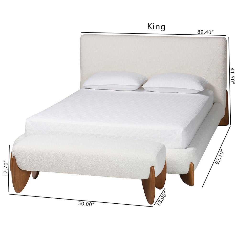 Vinicio Mid-Century Modern Cream Boucle King 2-Piece Bedroom Set