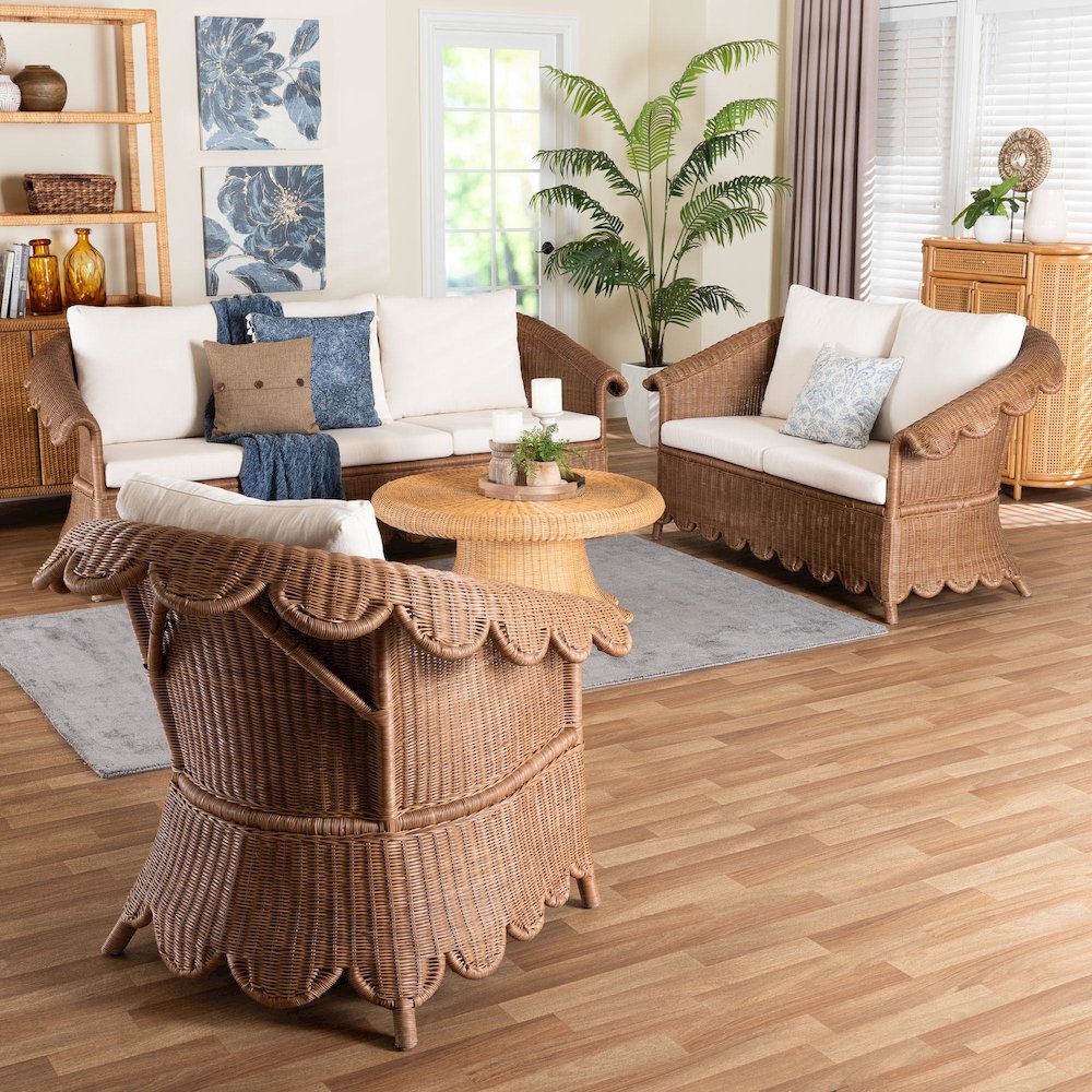 Natural Rattan 3-Piece Living Room Set - Handwoven Wicker Lounge Seating