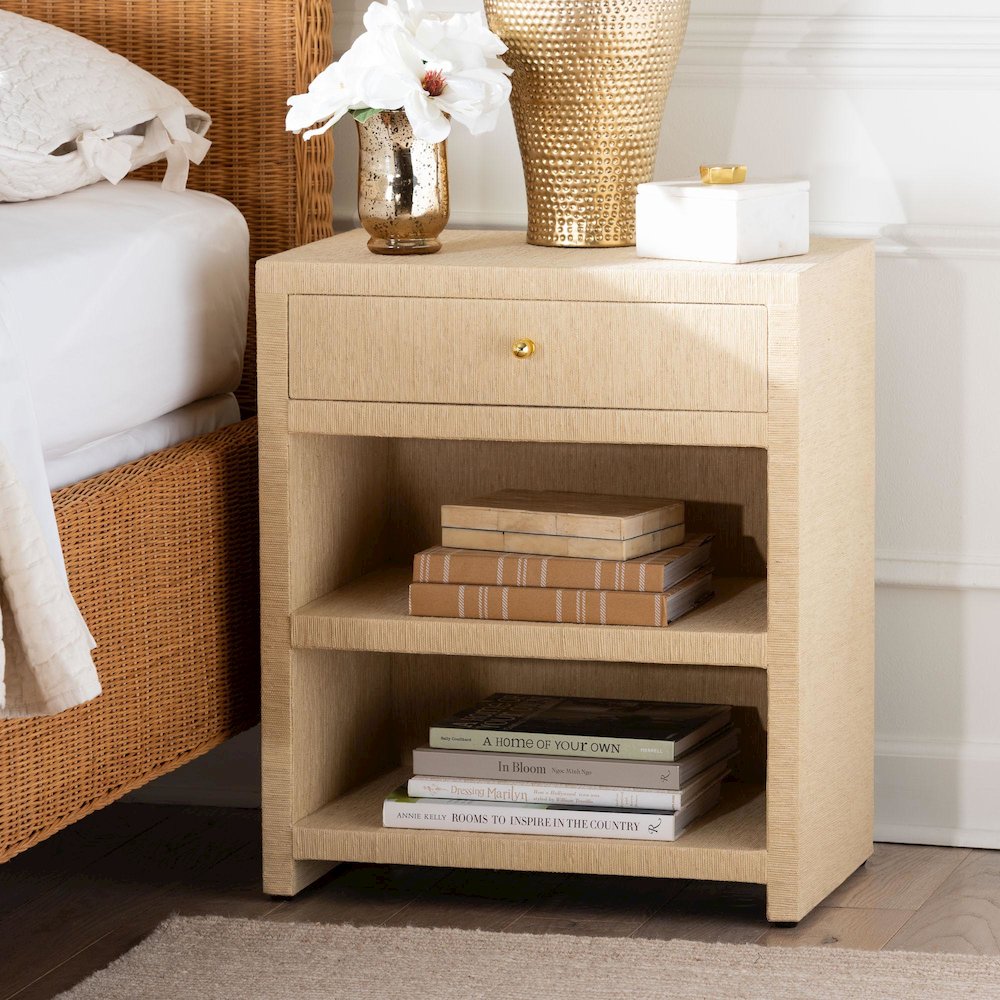 Grasscloth 1-Drawer Nightstand with Open Shelves - Woven Texture Bedside Table