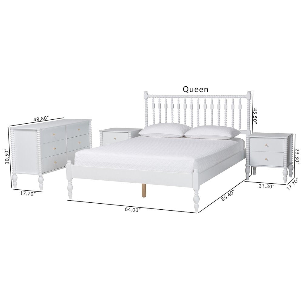 4-Piece Bedroom Set, Platform Bed with Dresser, Nightstands, White, Queen