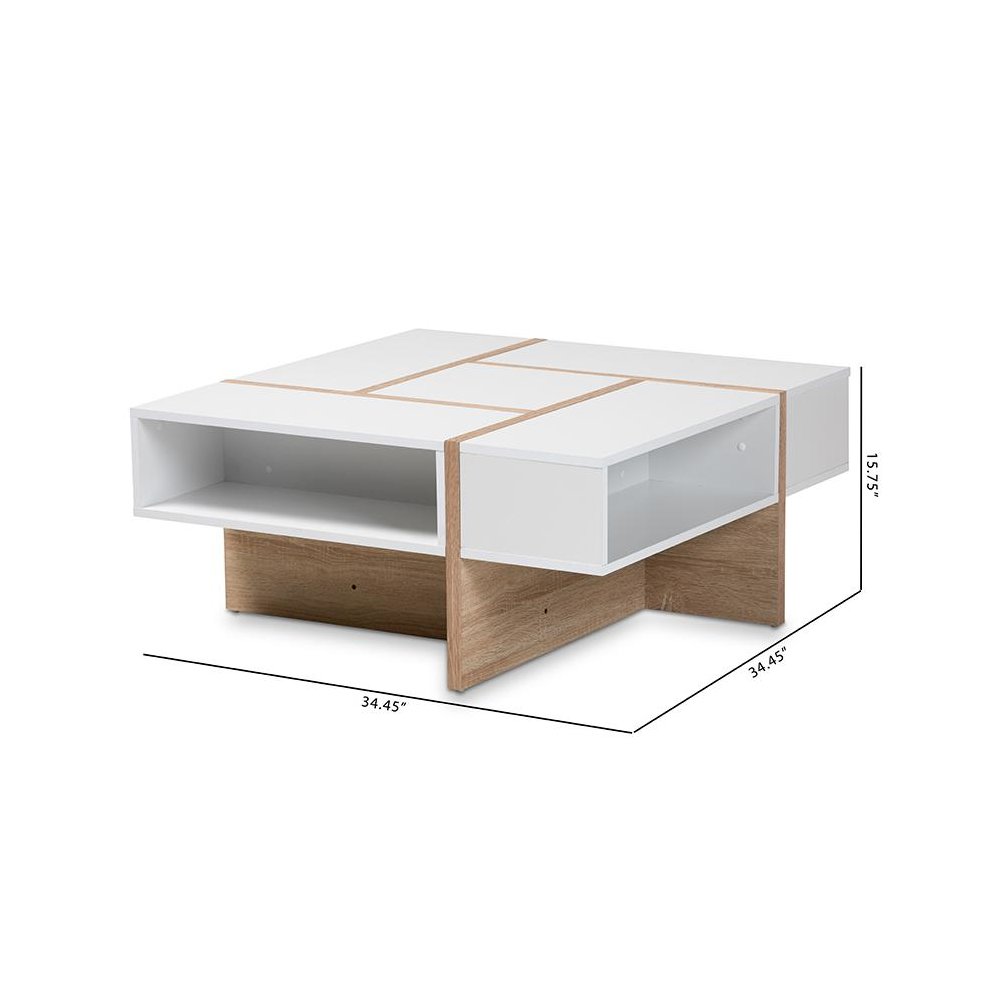 Modern Two-Tone White and Oak Coffee Table with Wooden Frame