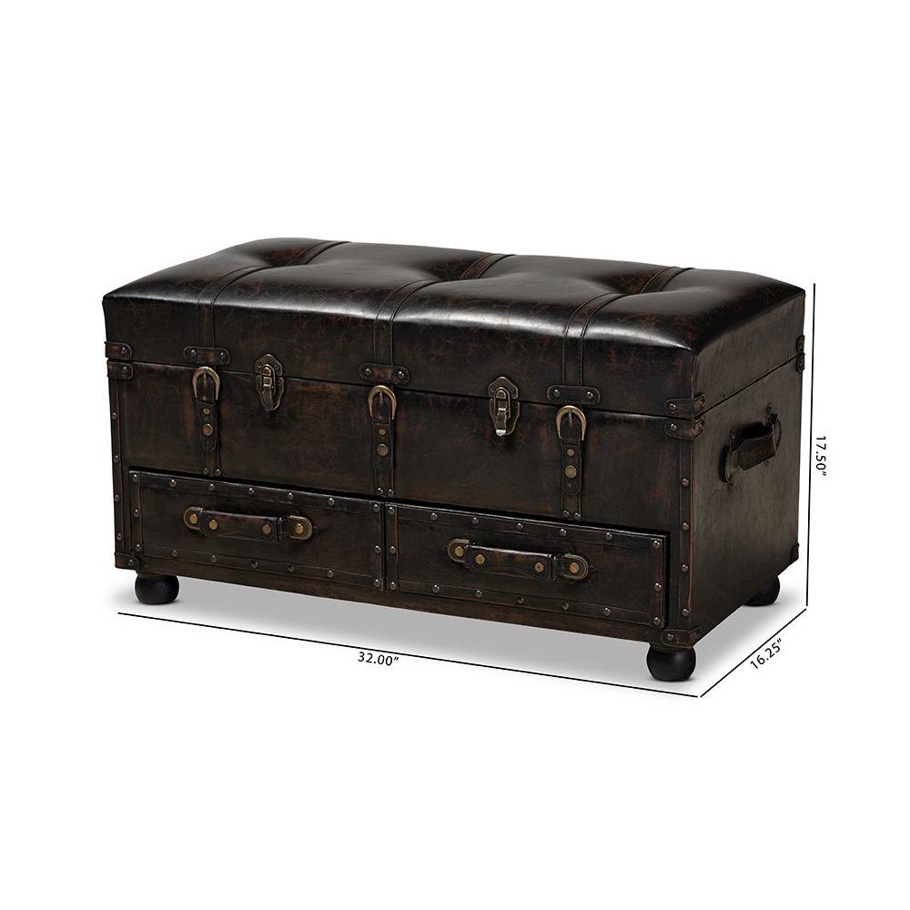 Callum Modern Transitional Distressed Dark Brown Faux Leather Upholstered 2-Drawer Storage Trunk Ottoman