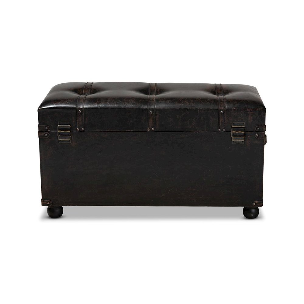 Callum Modern Transitional Distressed Dark Brown Faux Leather Upholstered 2-Drawer Storage Trunk Ottoman