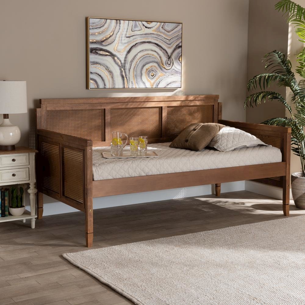 French Provincial Ash Walnut Daybed with Synthetic Rattan Frame