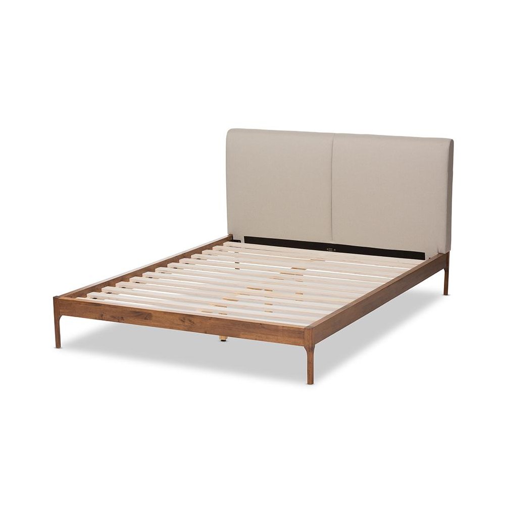 Mid-Century Modern Beige Fabric Upholstered Full Platform Bed with Walnut Finish