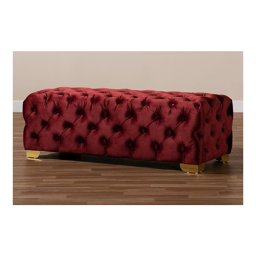 Baxton Studio Avara Glam and Luxe Burgundy Velvet Fabric Upholstered Gold Finished Button Tufted Bench Ottoman