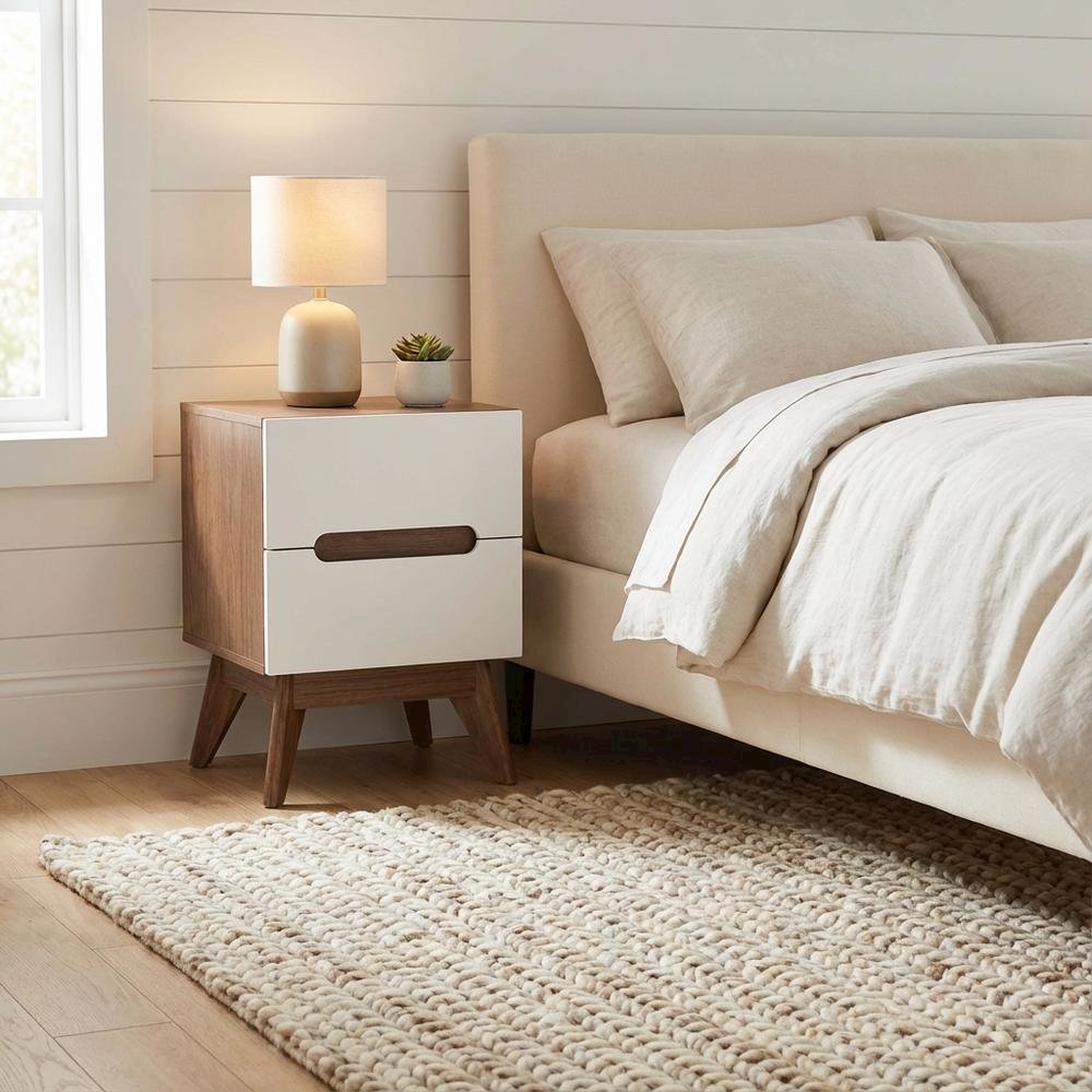 Mid-Century Modern Nightstand with White and Walnut Finish, 3-Drawer Storage
