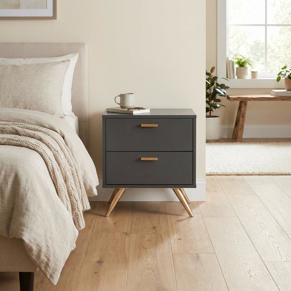 Contemporary Nightstand in Dark Grey and Gold Finish with Wooden Frame