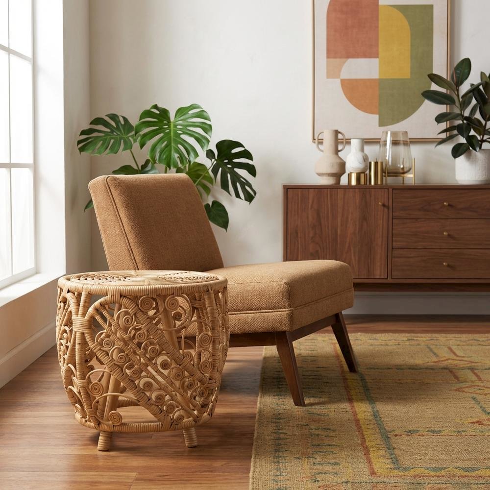 Natural Brown Rattan End Table with Stylish Wooden Frame
