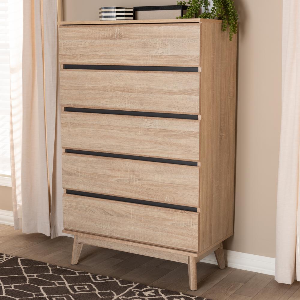 Miren Mid-Century Modern Light Oak and Dark Grey 5-Drawer Chest