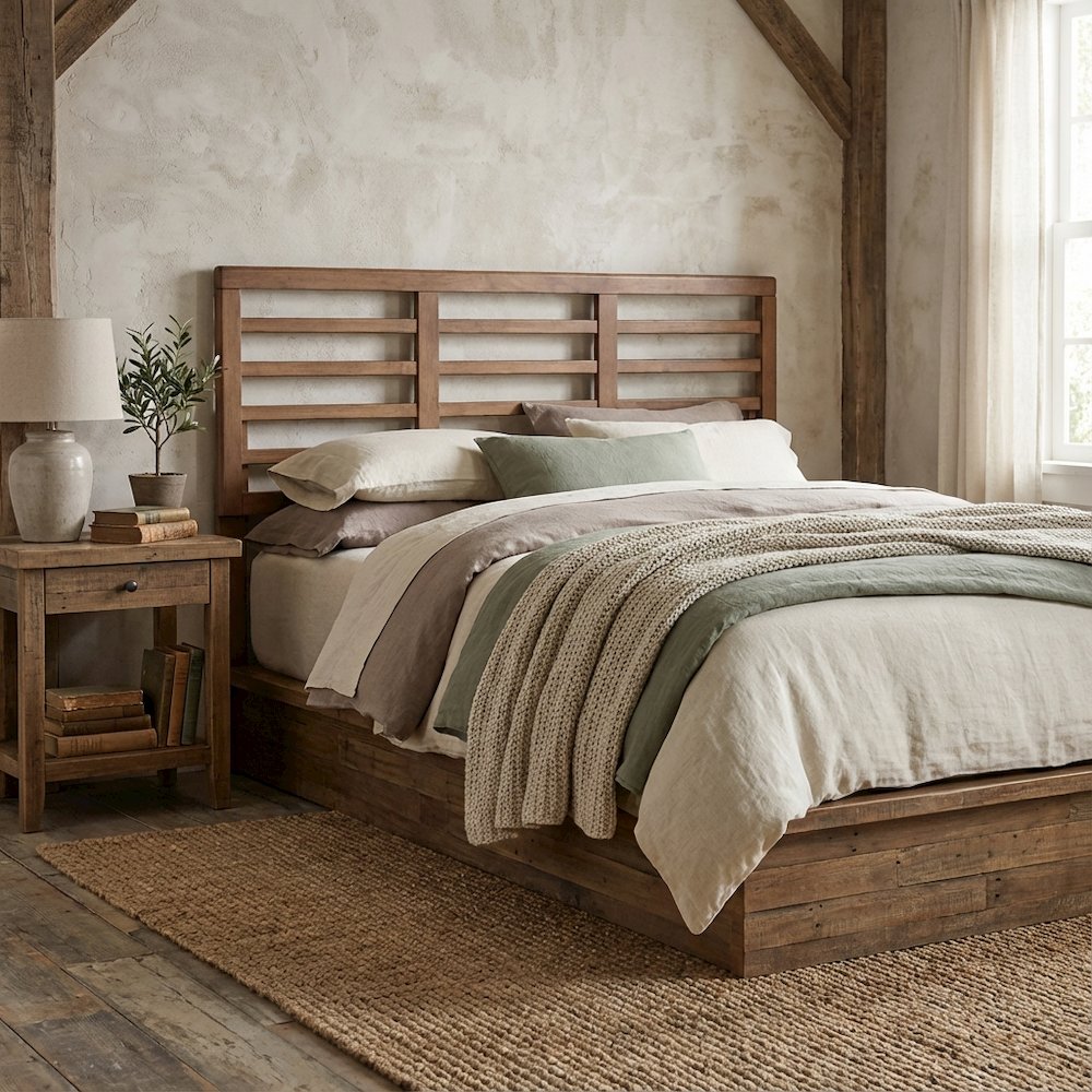 Walnut Brown Rubberwood Queen Headboard with Open Slat Design Mid-Century Style