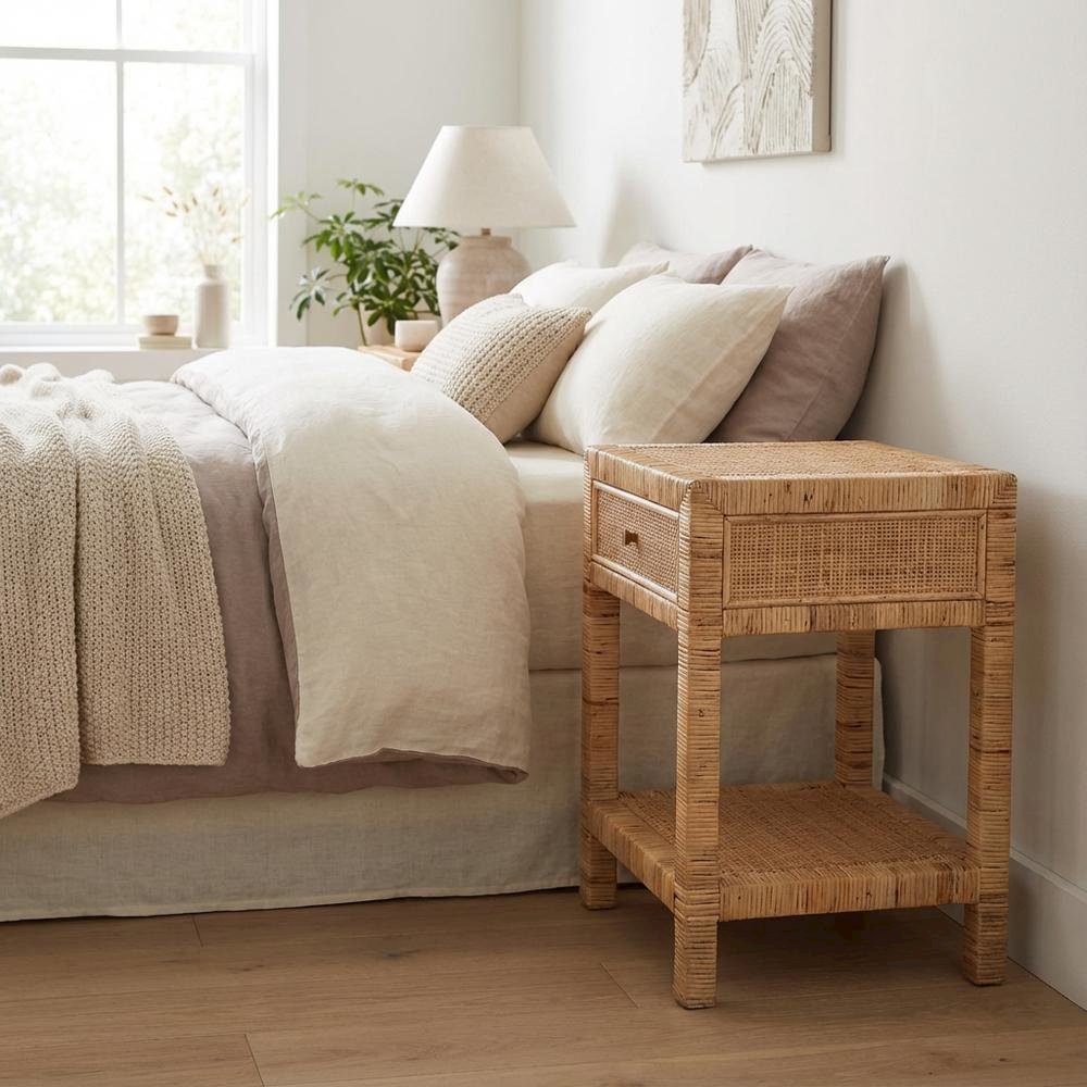 Bohemian Rattan and Mahogany Nightstand with Single Drawer and Stylish Design