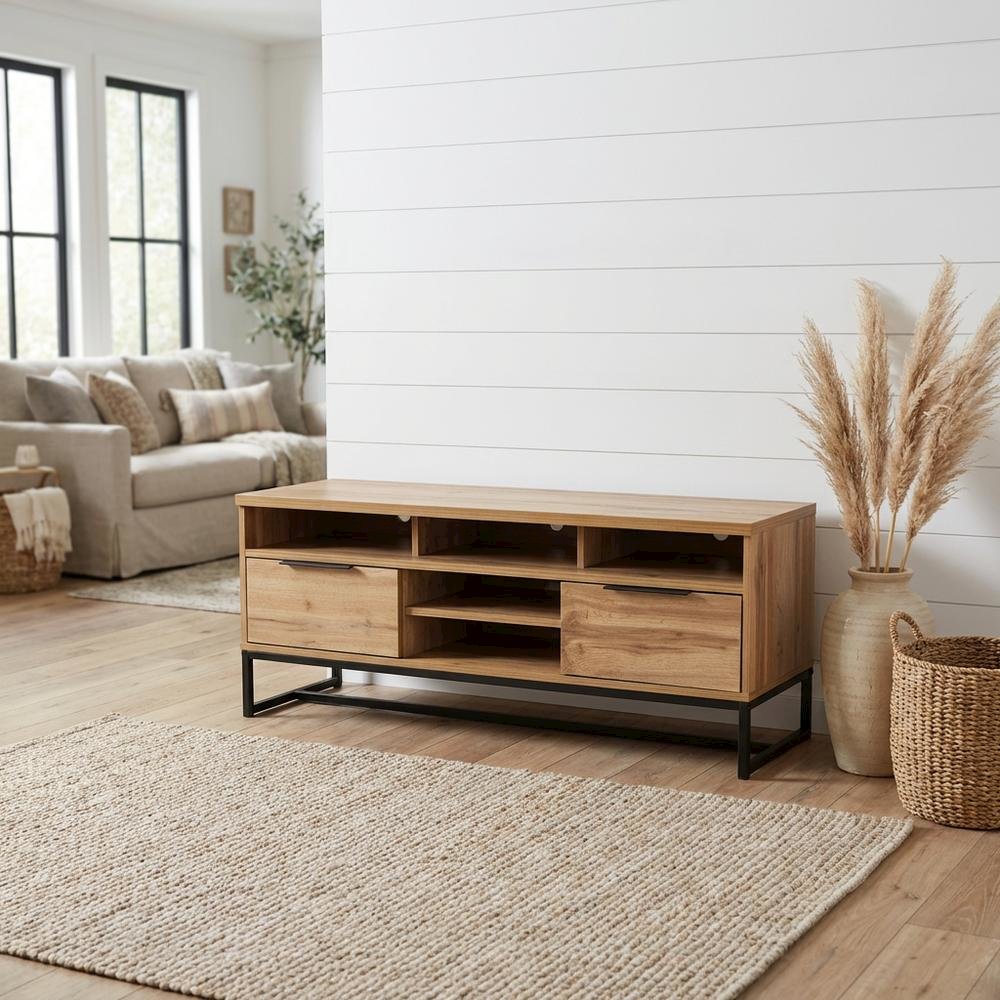 Black Wood and Metal TV Stand with Contemporary Design and 2 Drawers