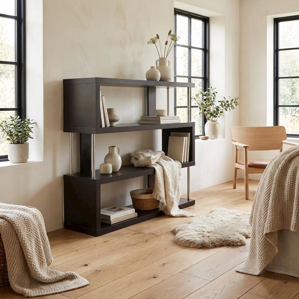 Modern Brown Bookcase with Three Shelves and Steel Frame