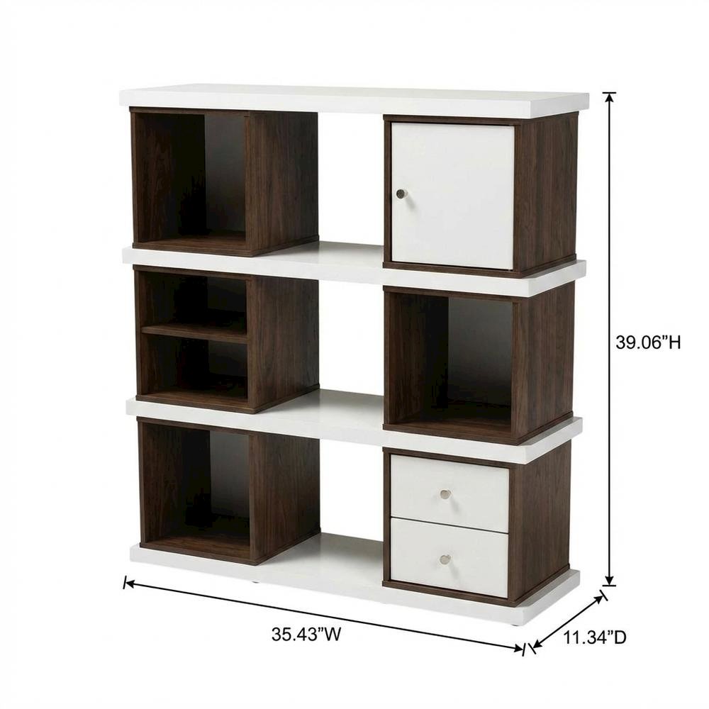 Modern Two-Tone White and Walnut Brown Bookcase with 2 Drawers
