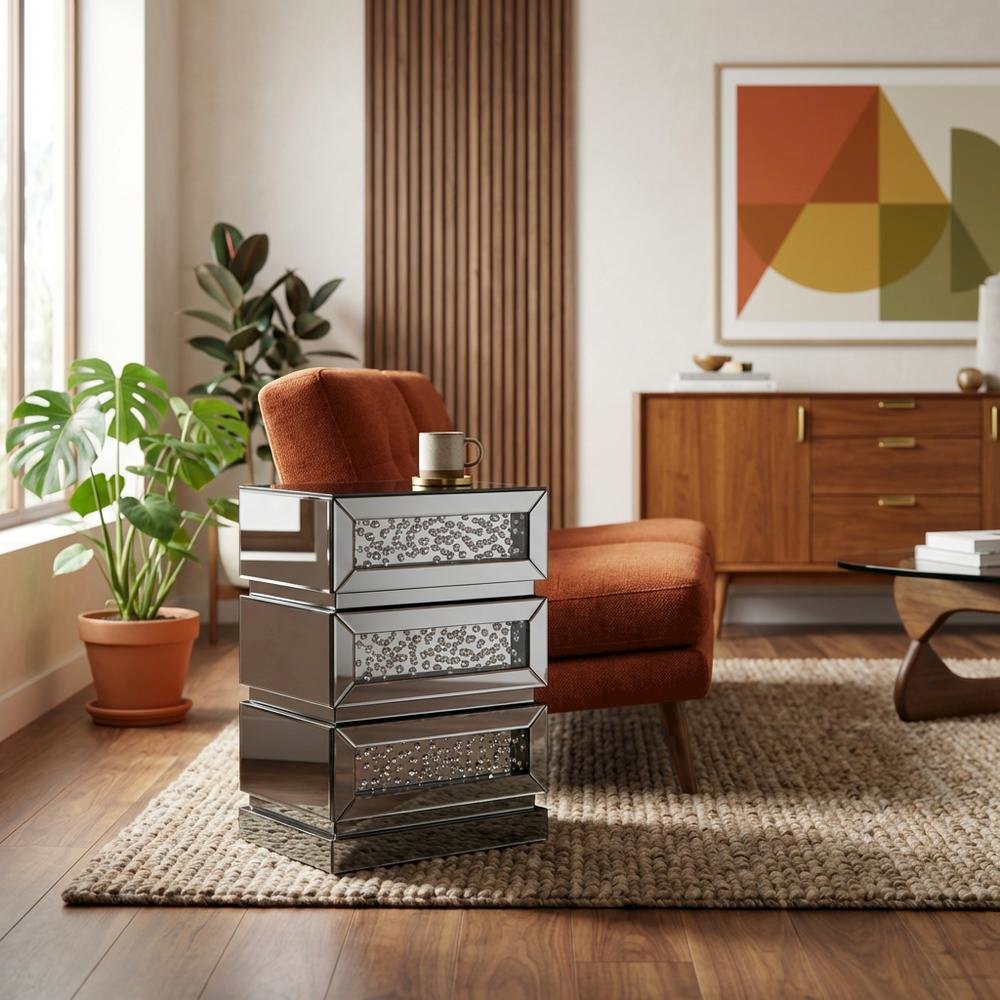Mirrored End Table with 3 Drawers and Elegant Reflective Finish