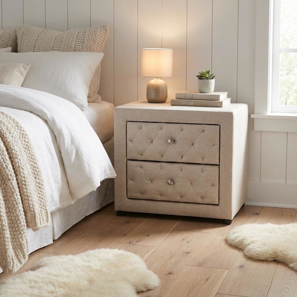 Light Beige Fabric Upholstered Nightstand with Wood Frame and Button Tufting
