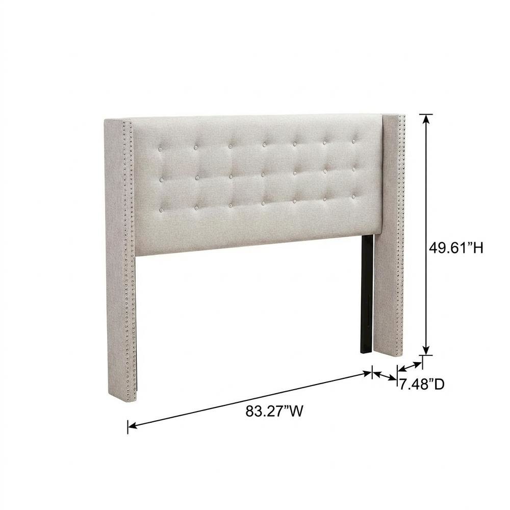Greyish Beige Fabric King Size Headboard, Button-Tufted Nailhead Winged Design