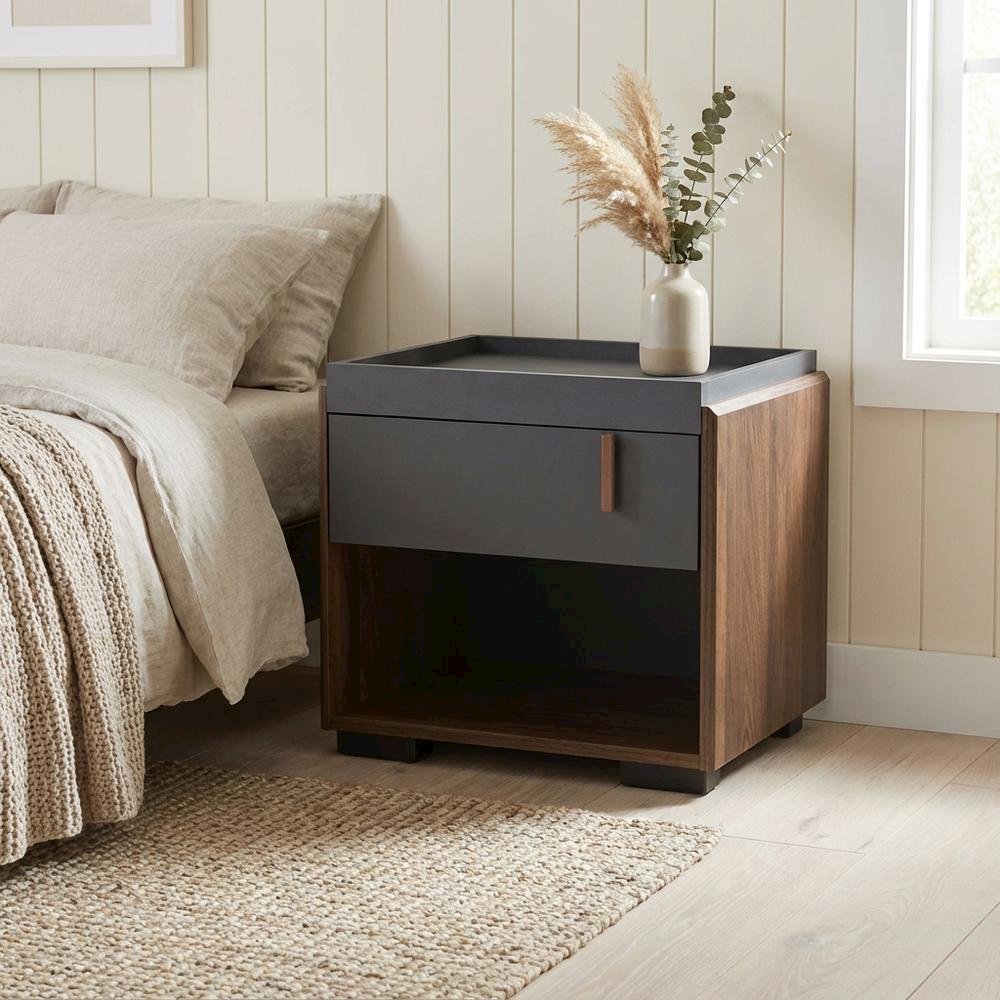 Gray and Walnut Finish Nightstand with One Drawer, Contemporary Style