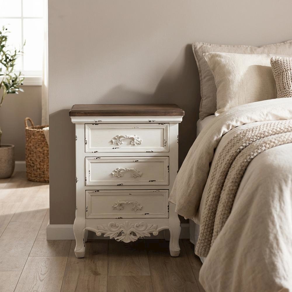 Walnut Brown and White Finished Nightstand with 3 Drawers and Traditional Style