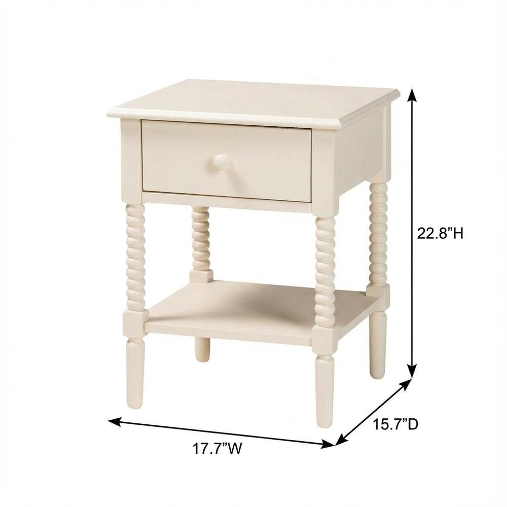 Ivory Farmhouse Nightstand with Spindle Wood Finish and Single Drawer