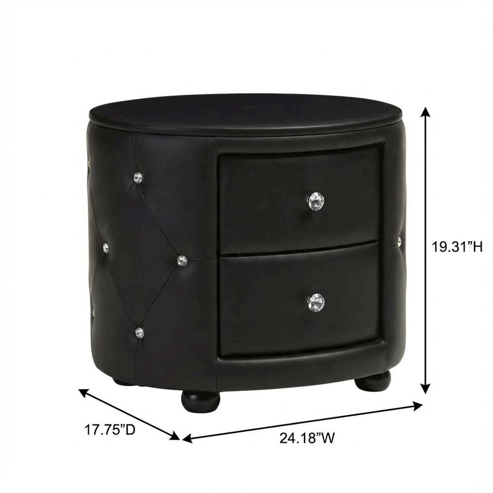 Glamour Style Black Faux Leather Nightstand with 2 Drawers and Oval Design