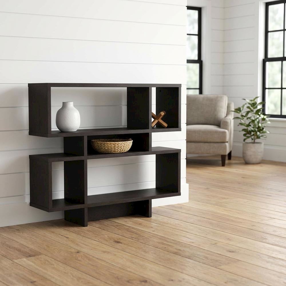 Brown modern bookshelf with 4 shelves, engineered wood, transitional style