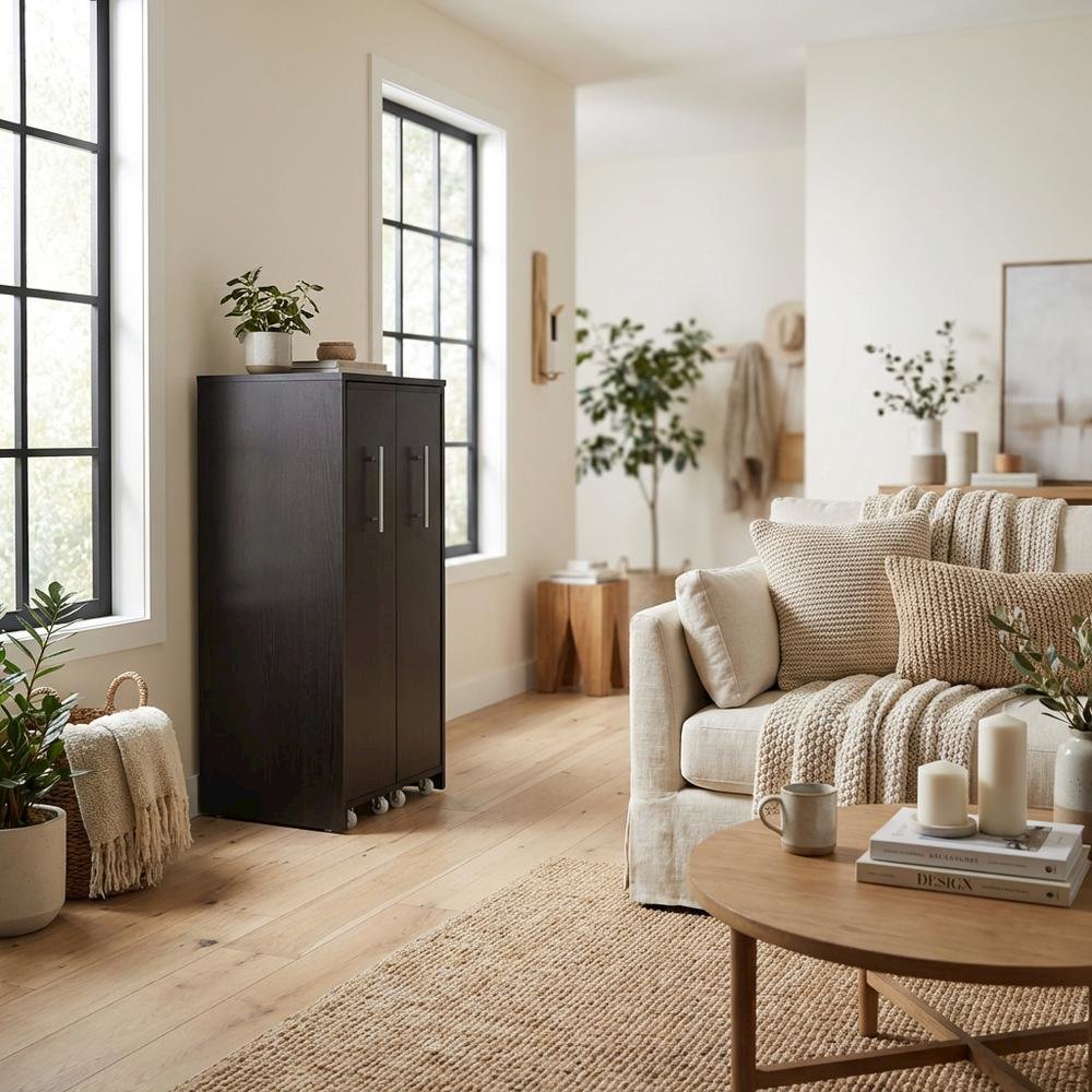 Contemporary Dark Brown Wooden Bookcase with Shelving and Pull-out Doors