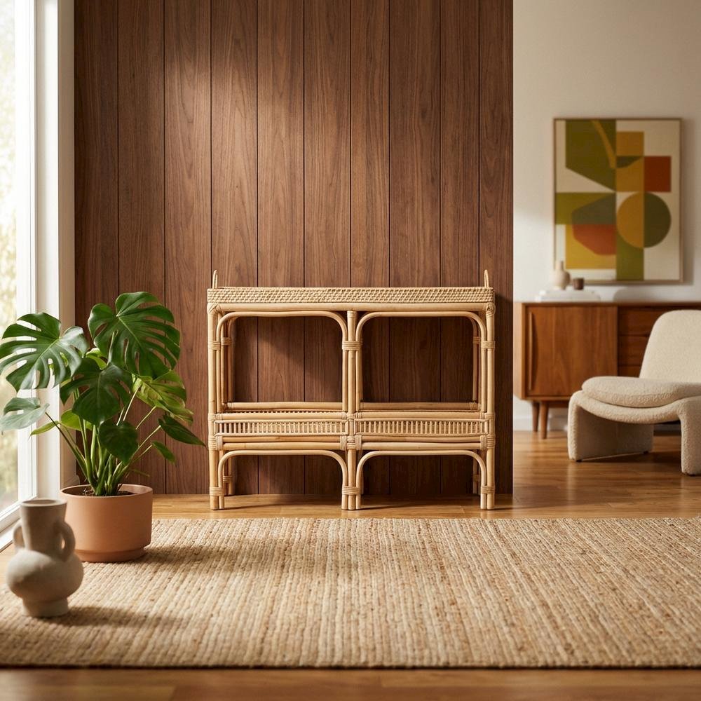 Natural Brown Rattan Console Table with Modern Bohemian Style