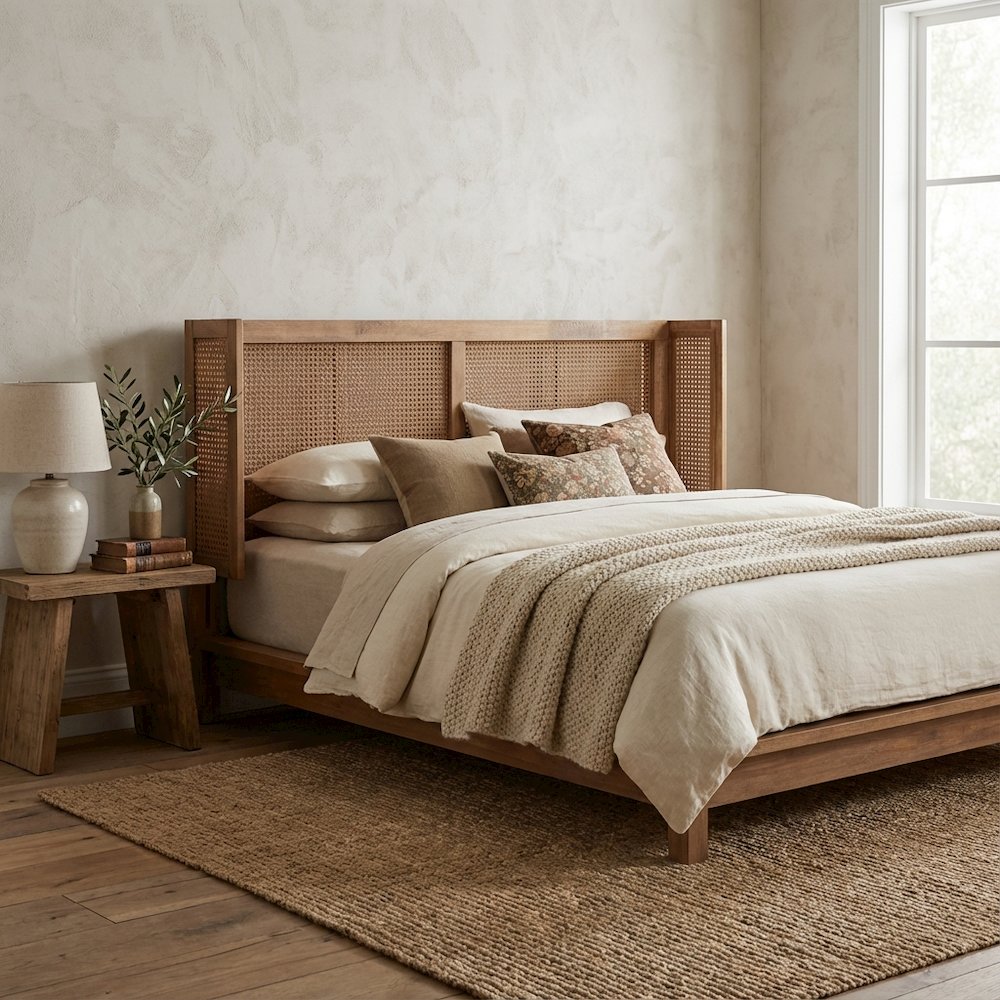 Brown Rubber Wood Queen Size Headboard with Wrap-Around Design and Modern Style