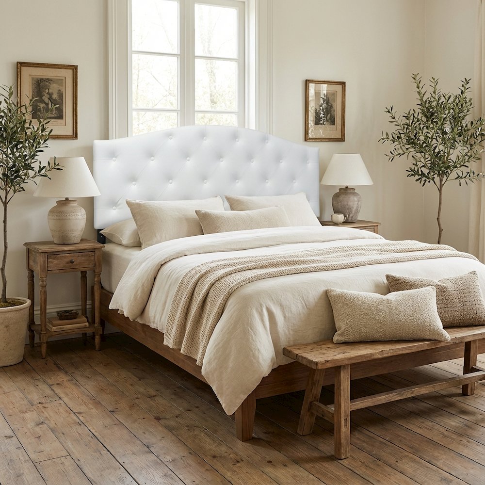 White Faux Leather Headboard, Full Size, Upholstered Button-Tufted, Scalloped