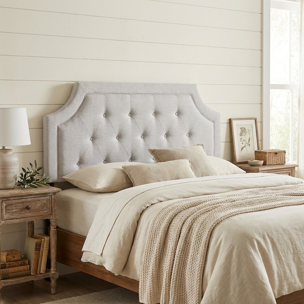 Greyish Beige Fabric King Size Headboard with Foam Padding and Durable LVL Frame